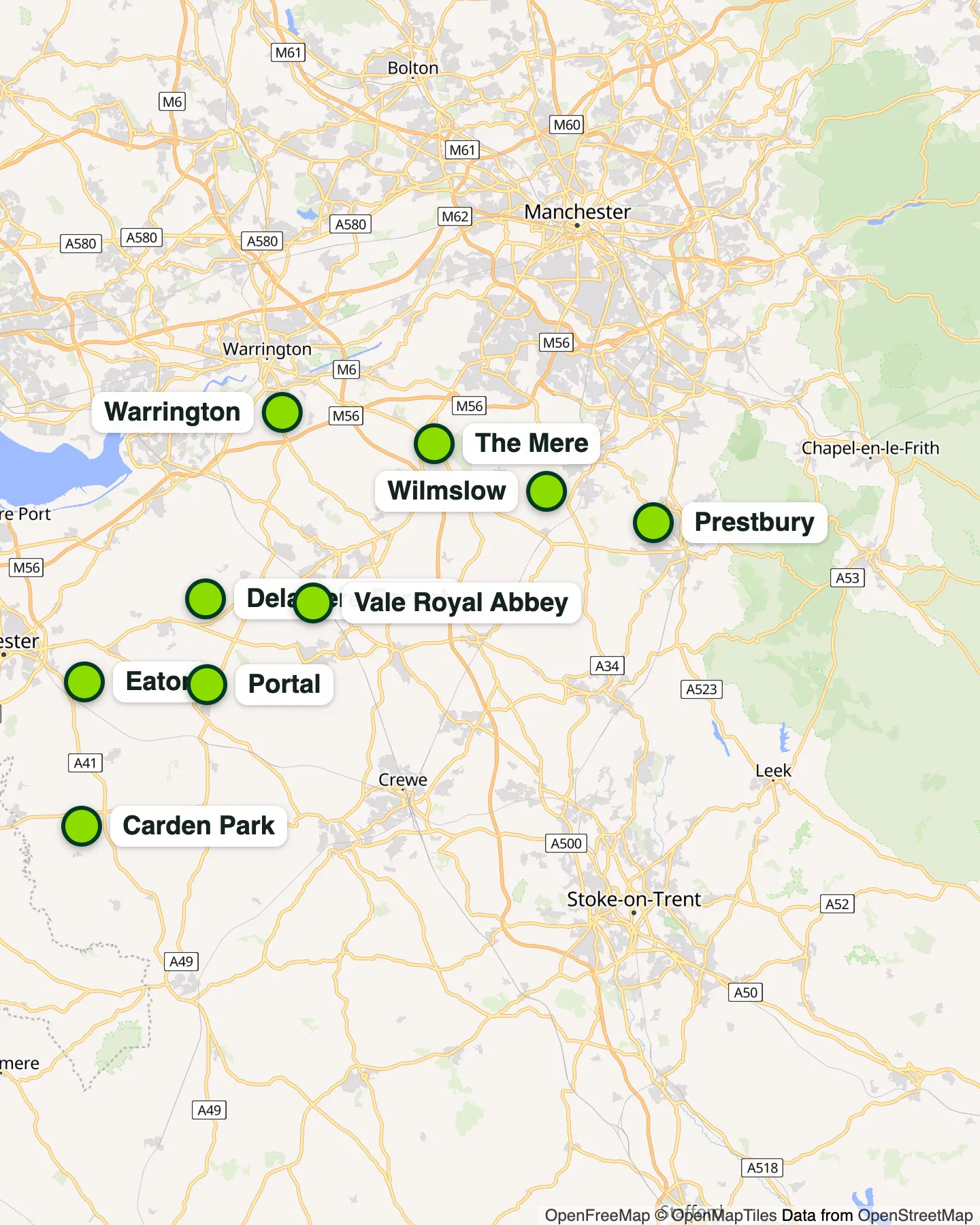 Map of Cheshire's 9 golf courses against the M56, M6, A556 and A55, and the Mid-Cheshire rail line