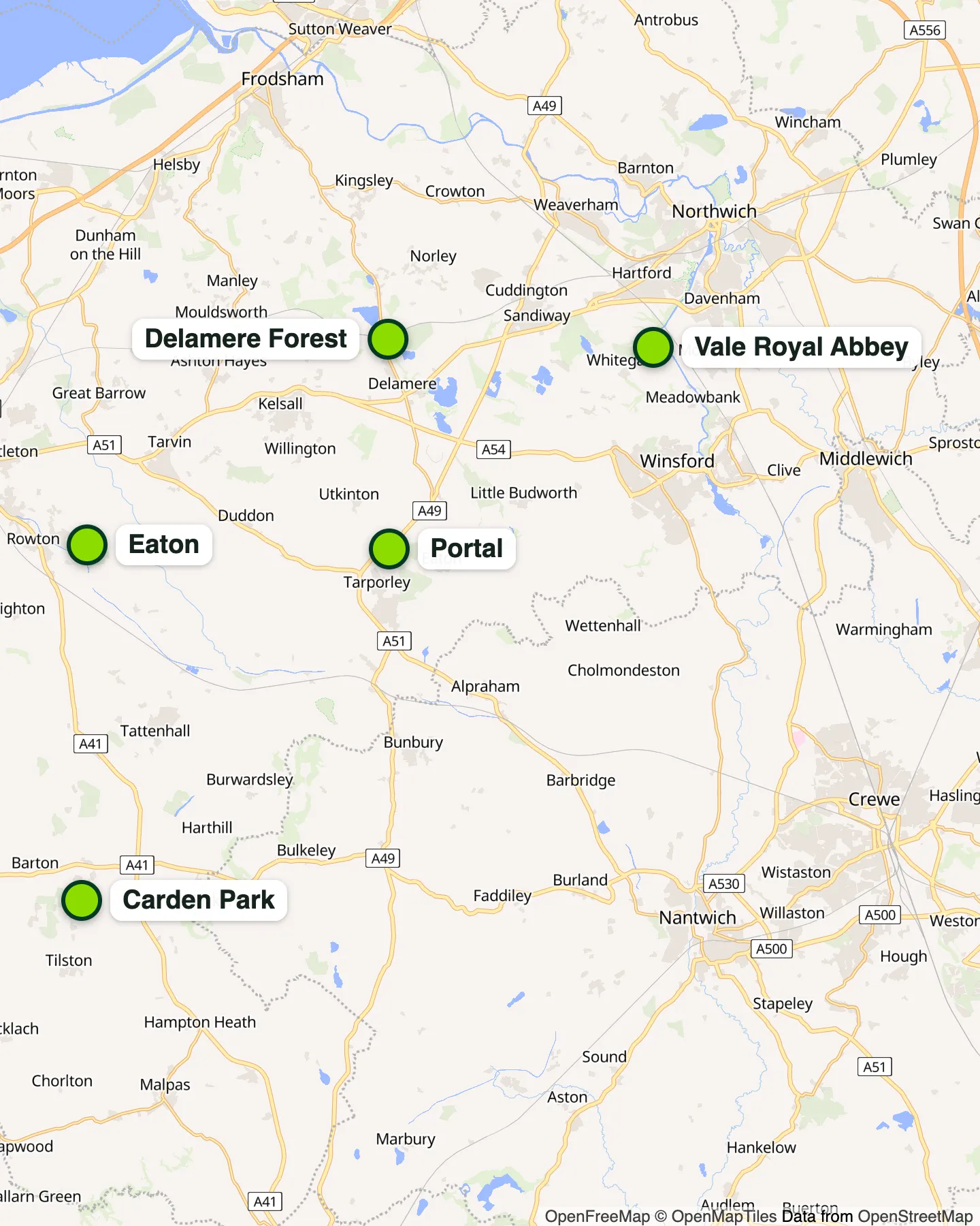 Map of the 5 golf courses around Chester and mid Cheshire against the A55, A51, A49, A556 and M56, and the Mid-Cheshire rail line
