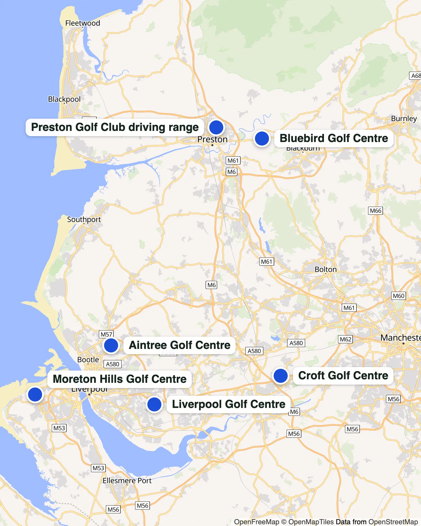 Map of the 6 North West driving ranges across Merseyside, Cheshire and Lancashire