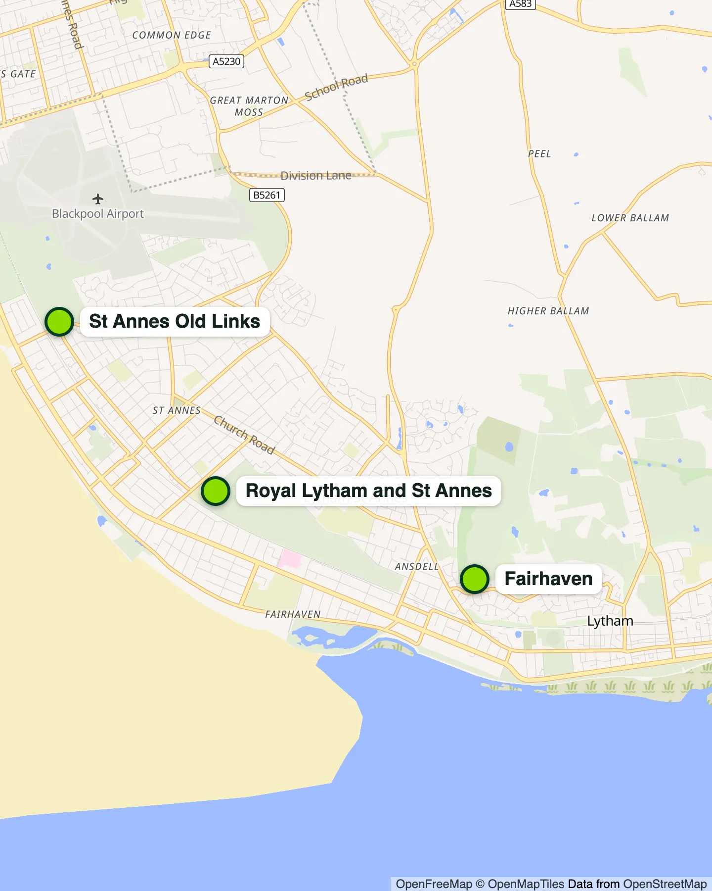 Map showing Royal Lytham and St Annes, St Annes Old Links and Fairhaven, all within 2.7 miles, and their three Blackpool South line stations