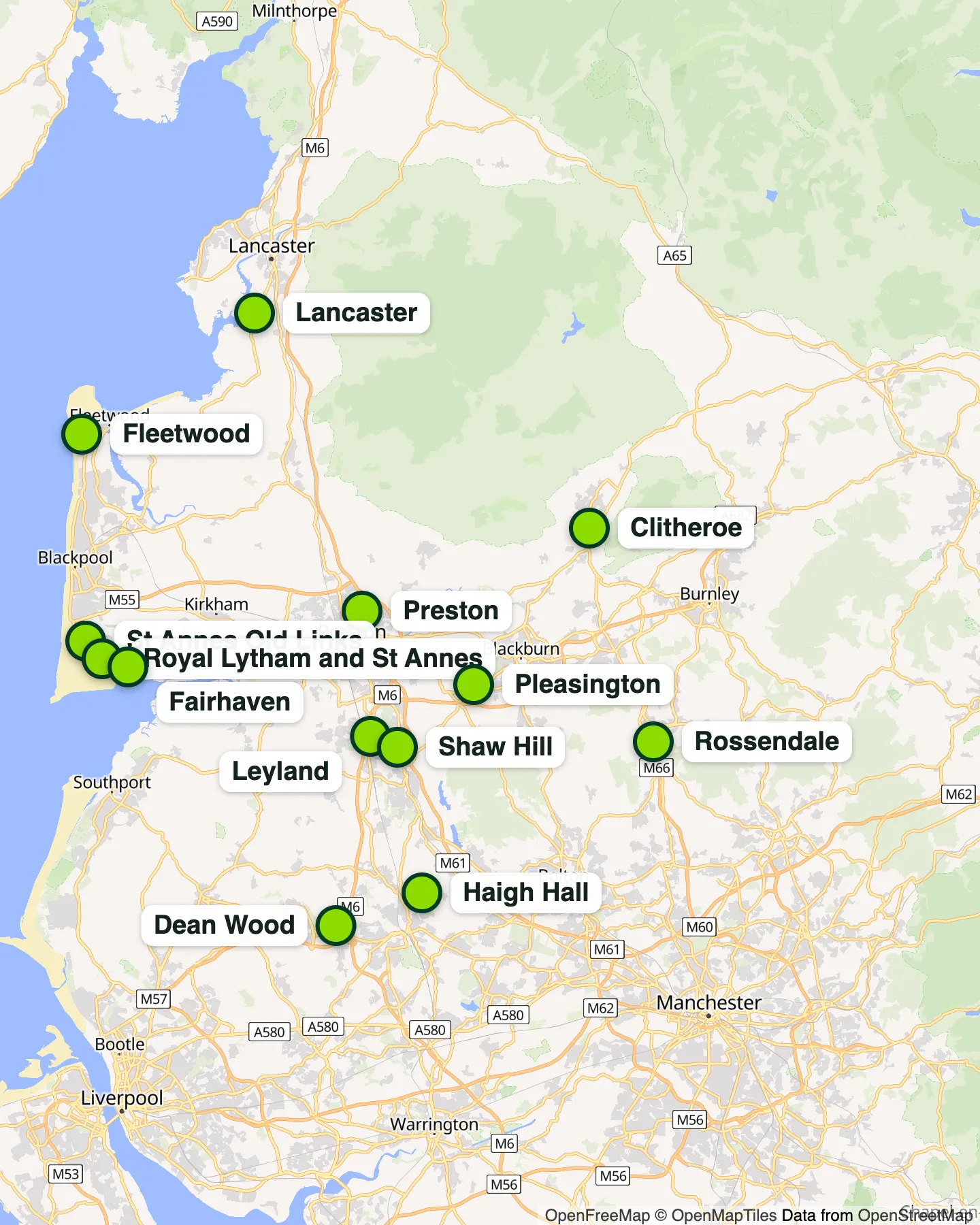 Map of Lancashire's 13 golf courses against the M6, M55, M61, M65, A59 and A56, and the Blackpool South rail line