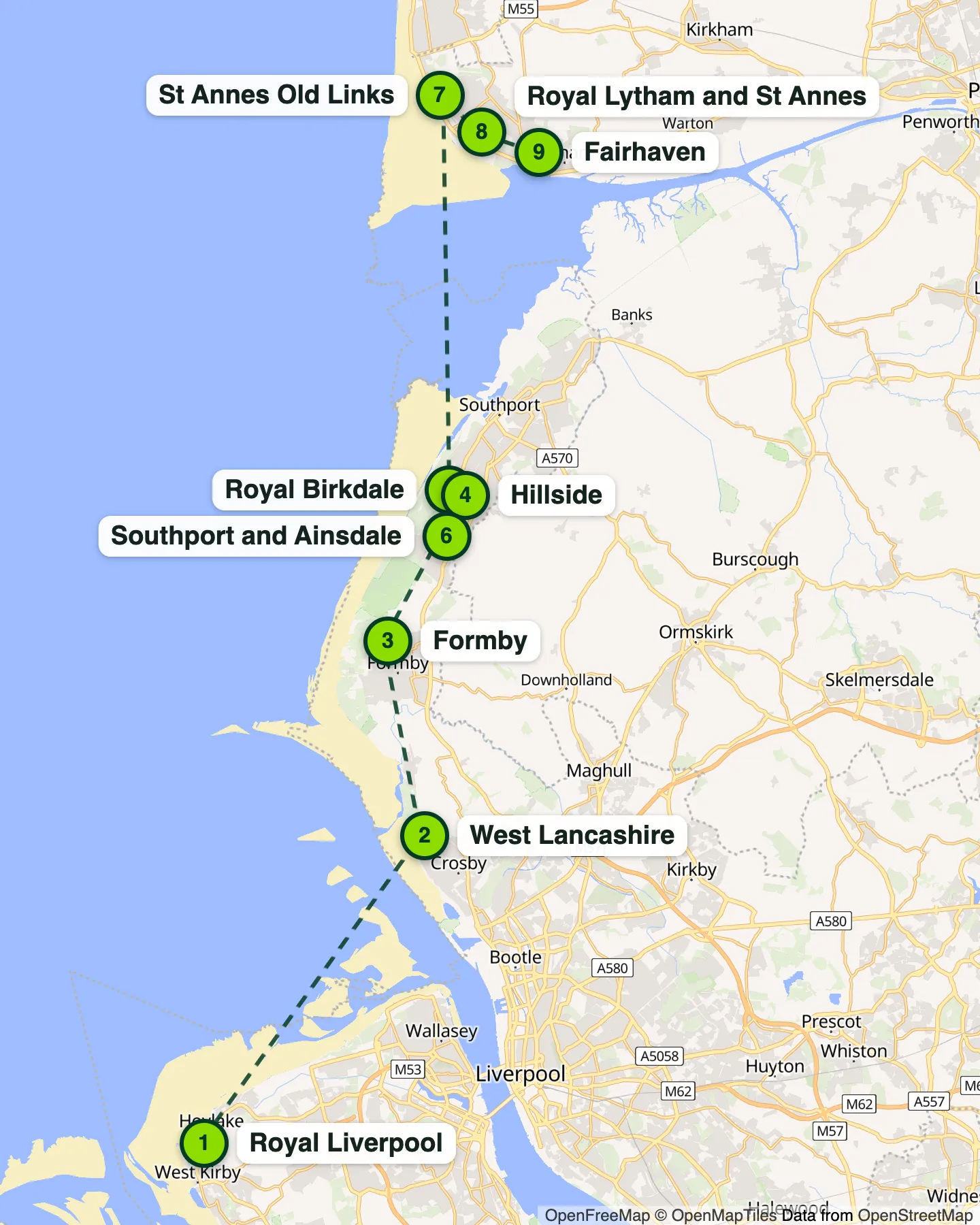 Map of the North West links trail, nine courses from Royal Liverpool at Hoylake to Fairhaven at Lytham, with drive times between each stop
