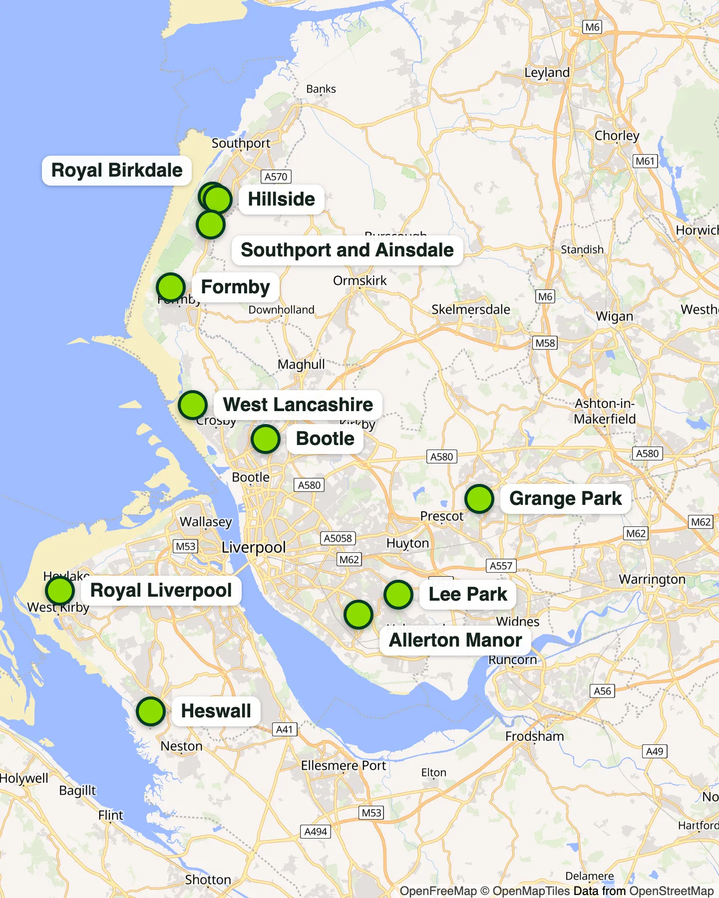 Map of Merseyside's 11 golf courses against the M62, M57, M58, A565 and M53, and the Southport and West Kirby rail branches