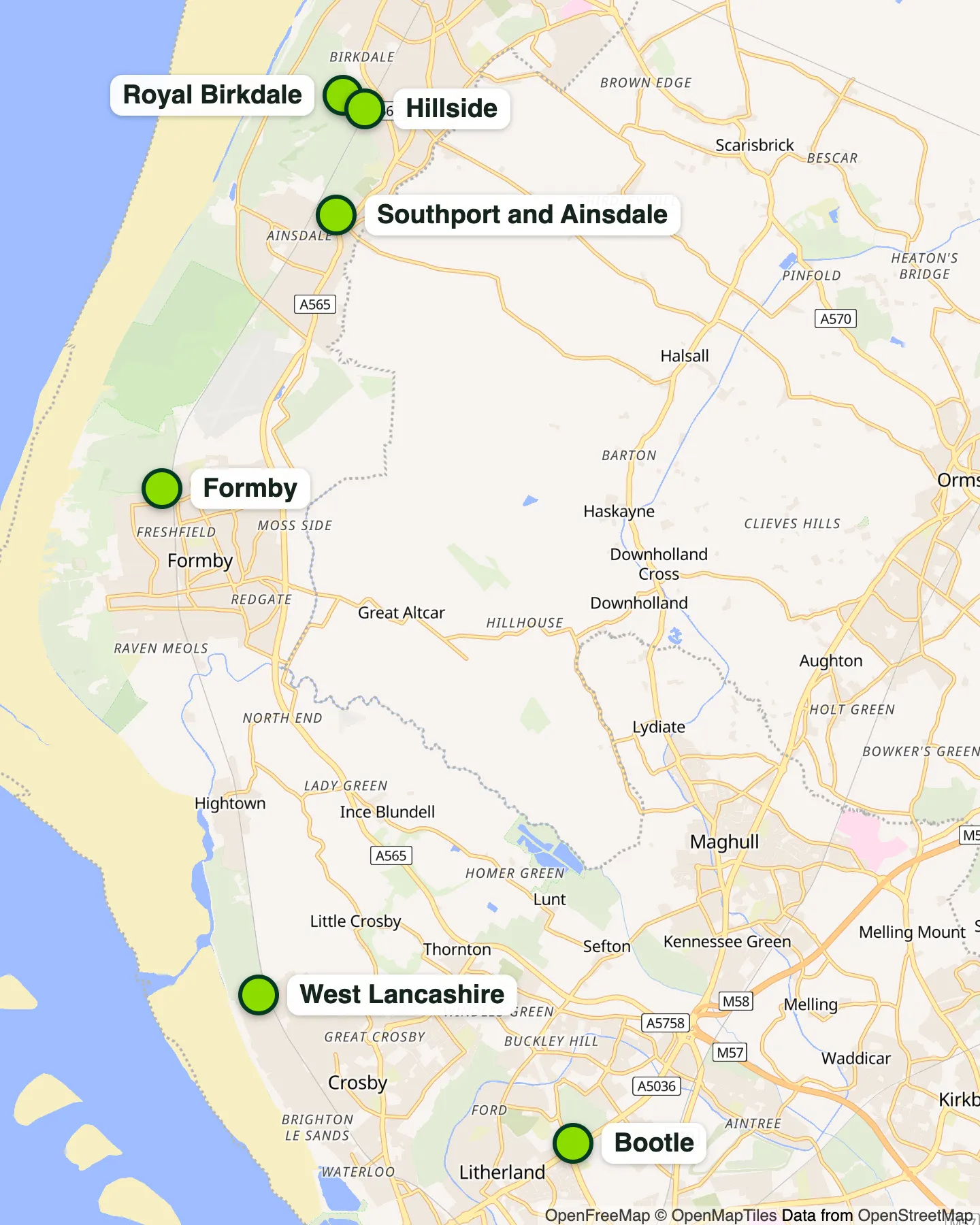 Map of the Sefton coast's 6 golf courses from Blundellsands to Southport, with the Merseyrail Northern line stations